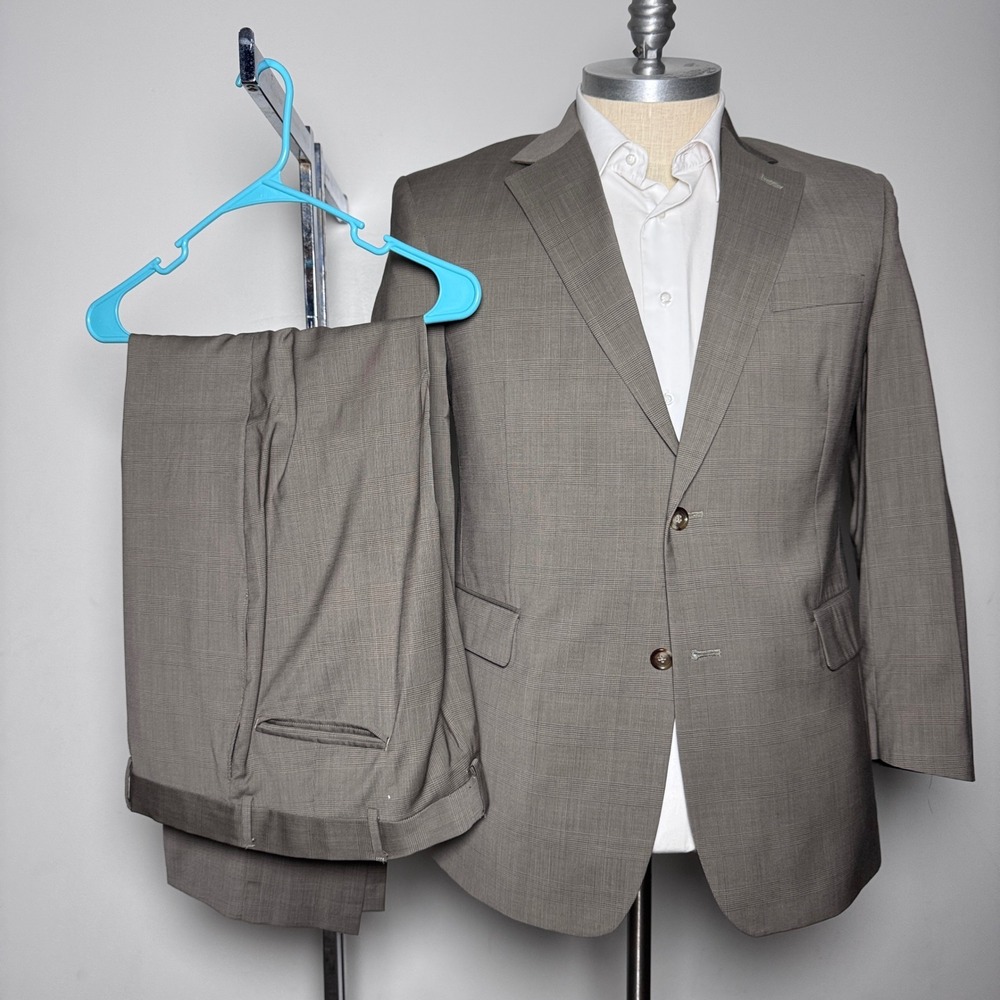 Jos A Bank Mens 42R Suit 100% Wool Brown Glen Plaid 2 Button Flat Front 34x29